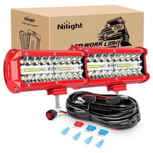 6.5 Inch 120W Triple Row Red Case Spot Flood LED Light Bars (Pair) | 16AWG Wire 3Pin Switch