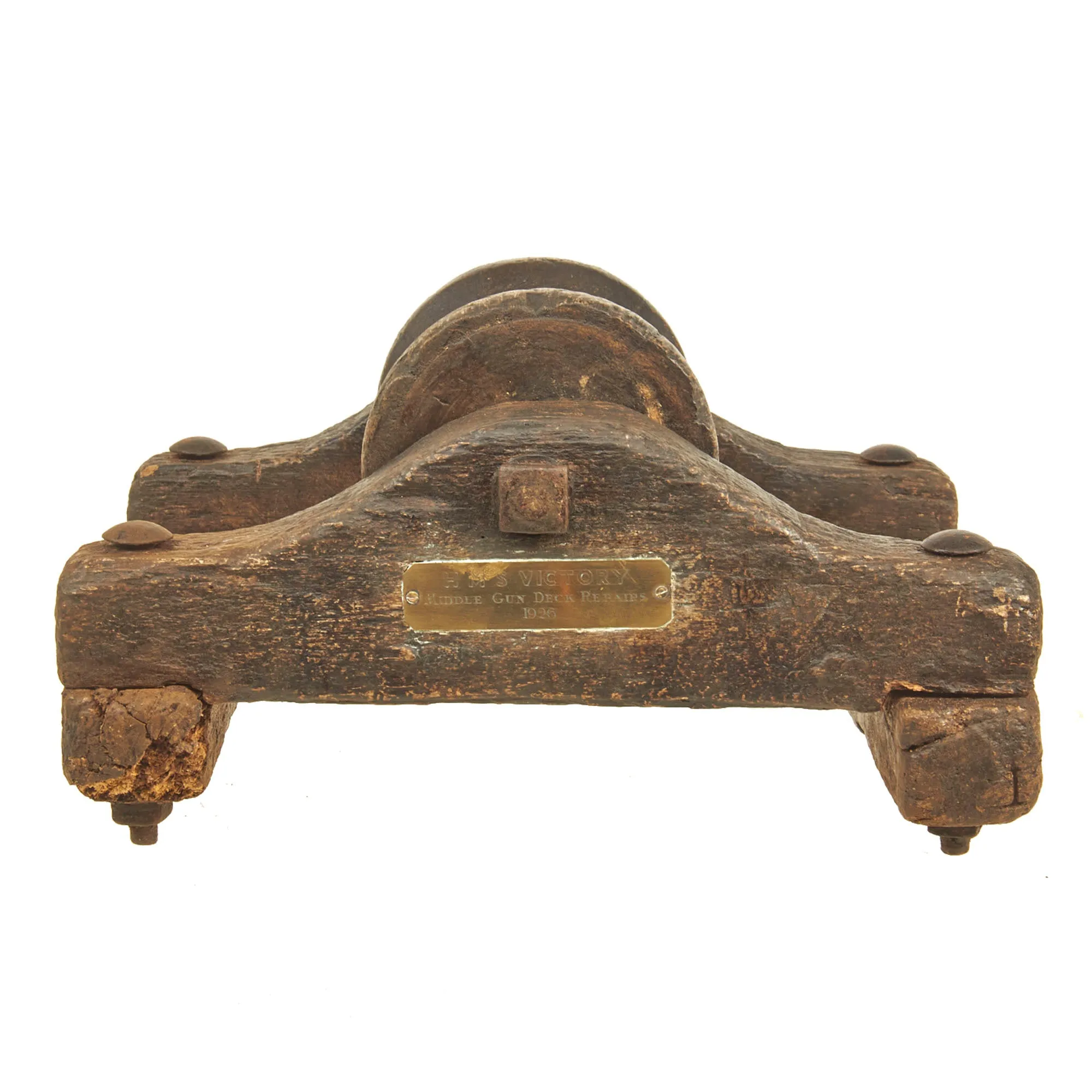 Original British Oak Pulley Wheel & Mounting Removed from Nelson’s Flagship HMS Victory During Middle Gun Deck Repairs in 1926