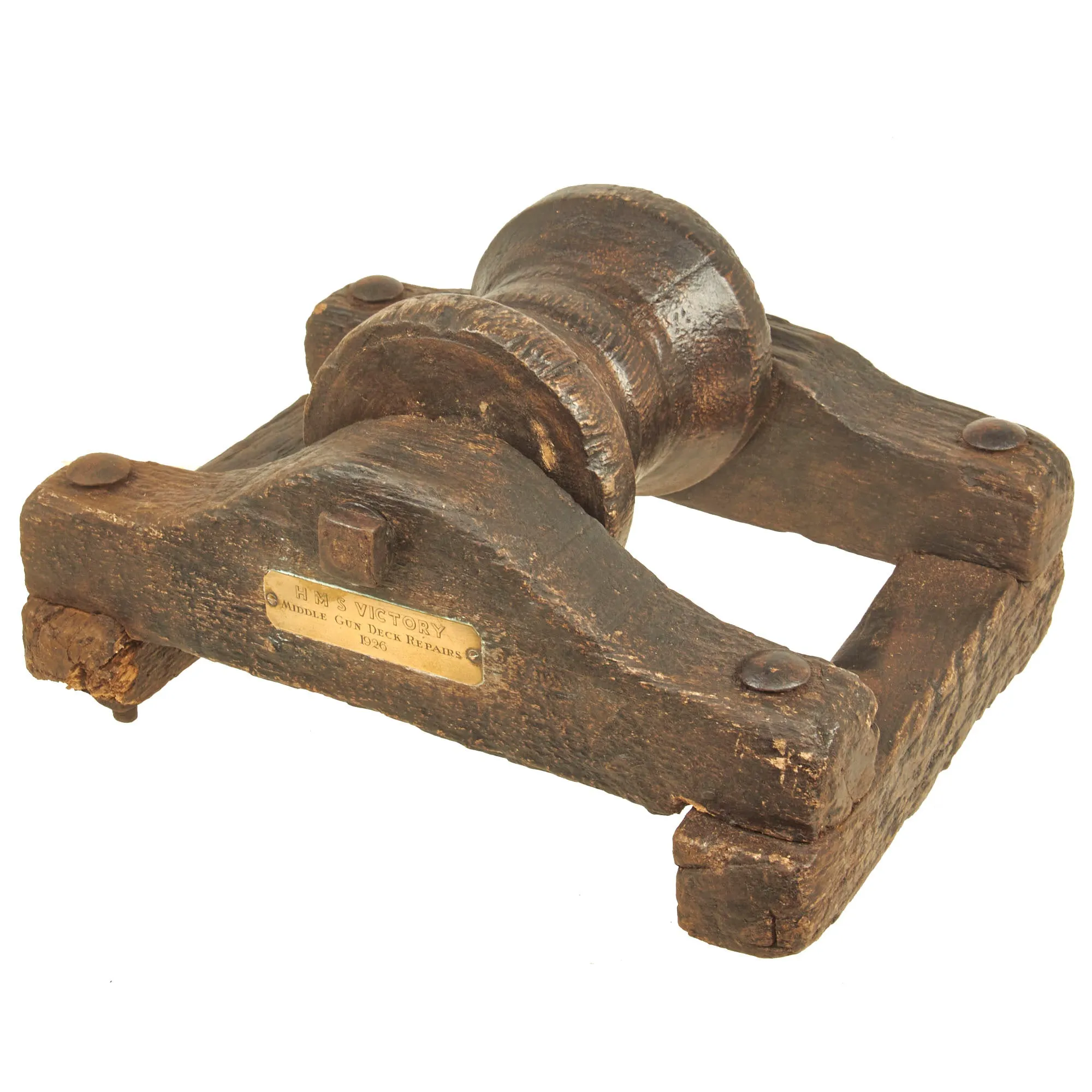 Original British Oak Pulley Wheel & Mounting Removed from Nelson’s Flagship HMS Victory During Middle Gun Deck Repairs in 1926