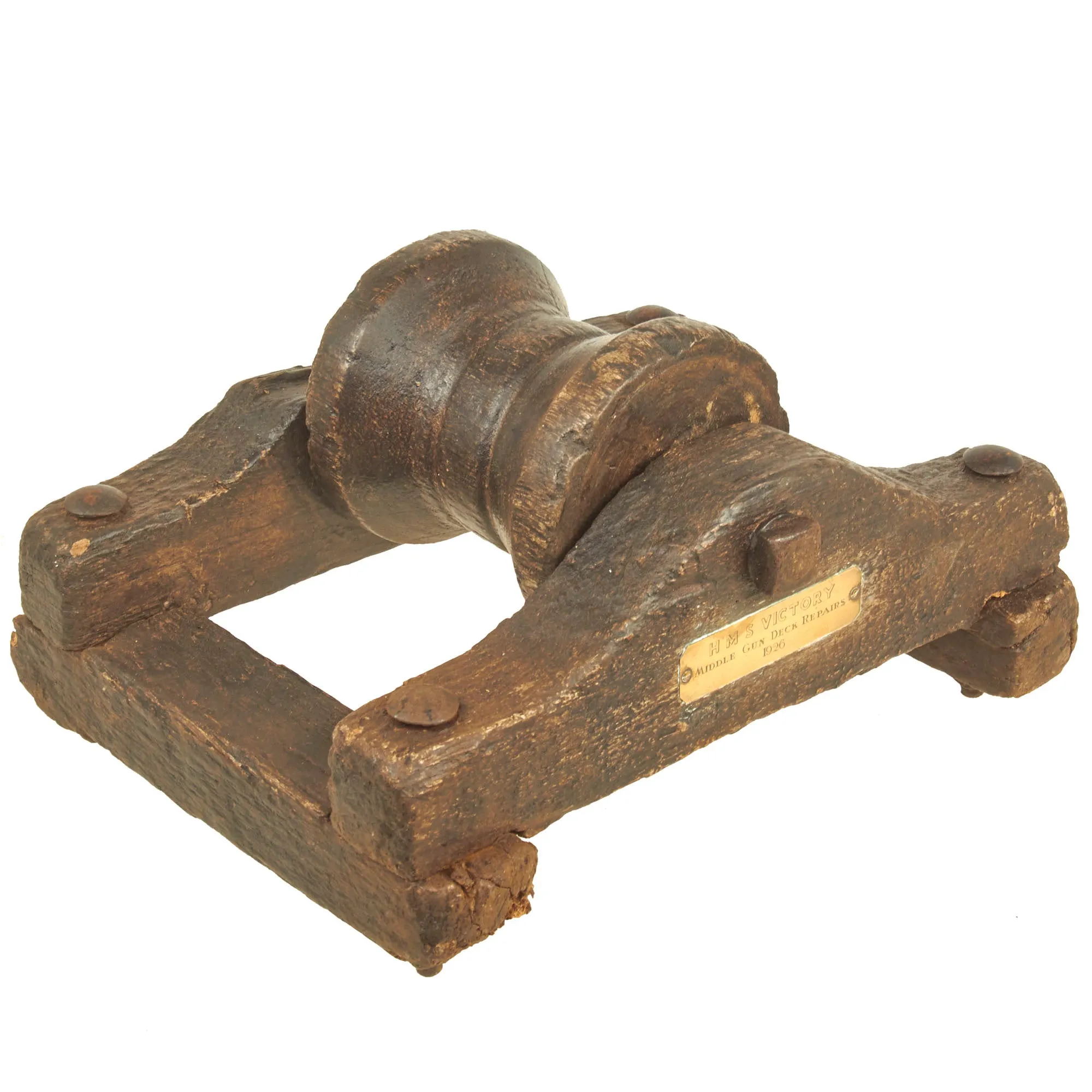 Original British Oak Pulley Wheel & Mounting Removed from Nelson’s Flagship HMS Victory During Middle Gun Deck Repairs in 1926