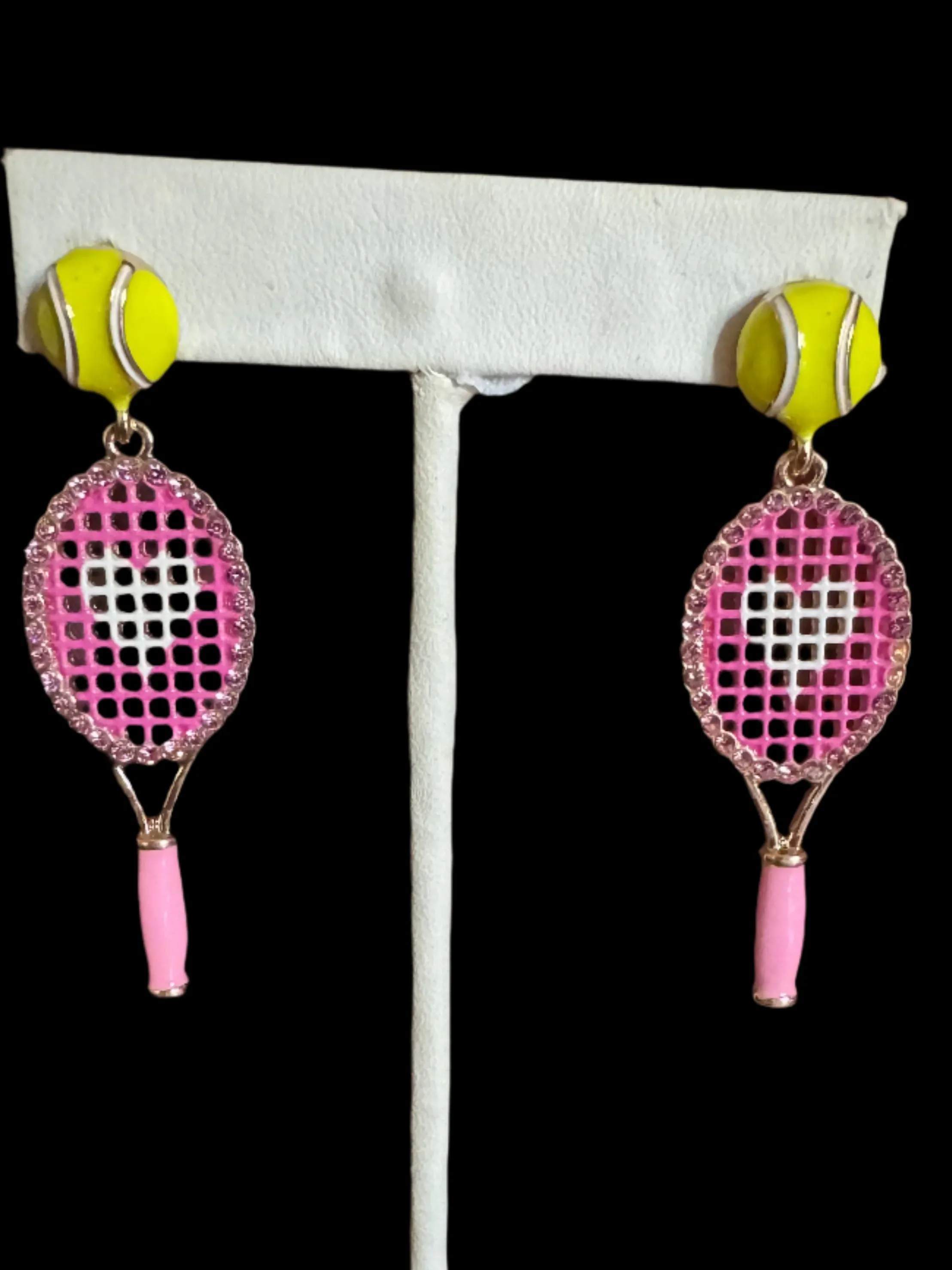 Pink Tennis Racket & Ball Drop Earrings  Sporty Glam with a Heart