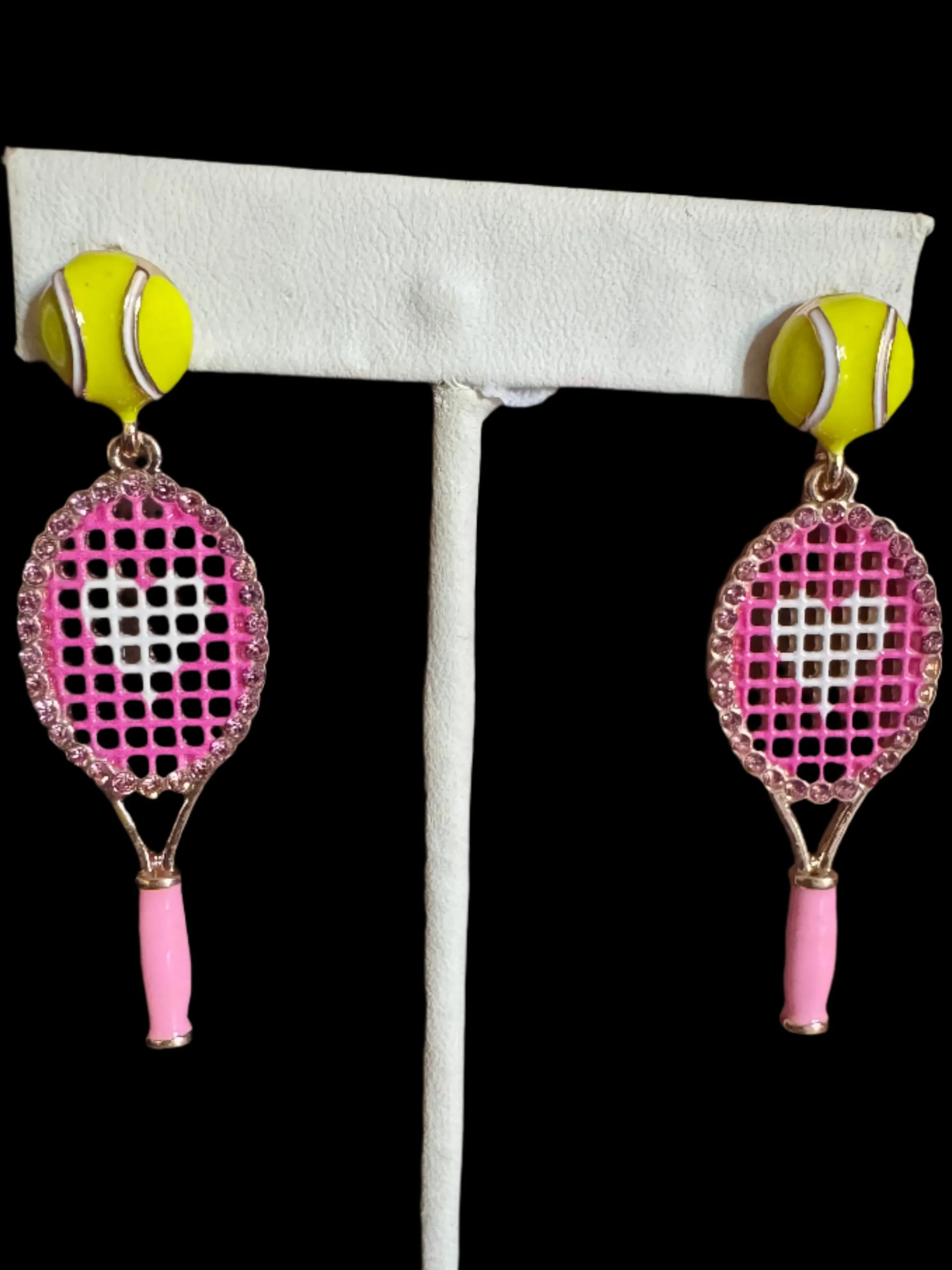 Pink Tennis Racket & Ball Drop Earrings  Sporty Glam with a Heart