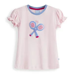 Puff Sleeve Applique Pima Tee -- Pink w/ Tennis Rackets